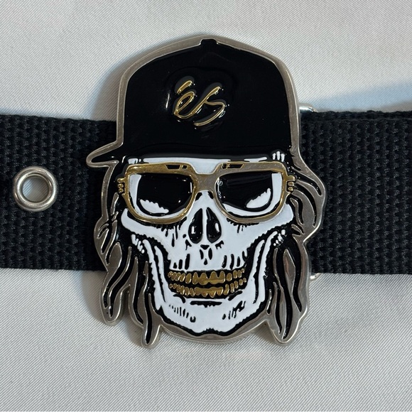 ÉS Black Nylon Canvas Belt with Skull Buckle and Metal Cap and Grommits - Picture 2 of 6